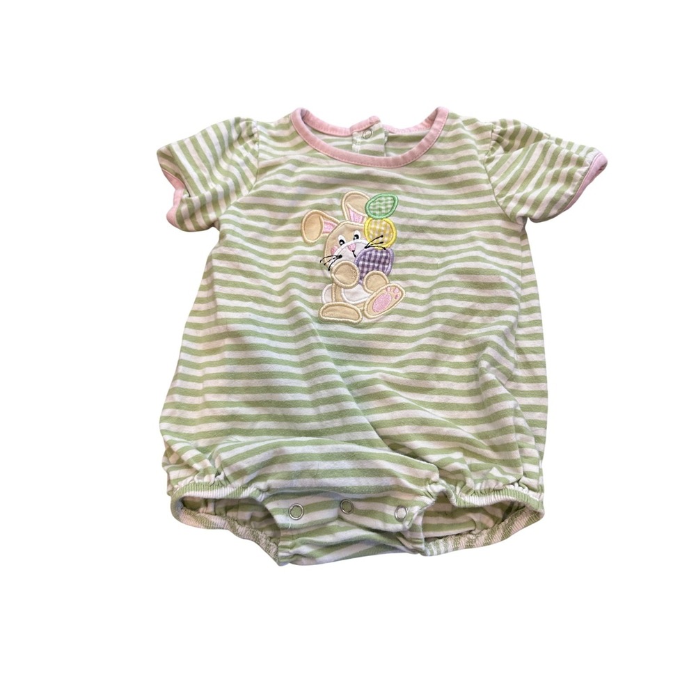 Be Mine Romper Baby Girls 6-9 Months Green Stripe Bunny Easter One Piece